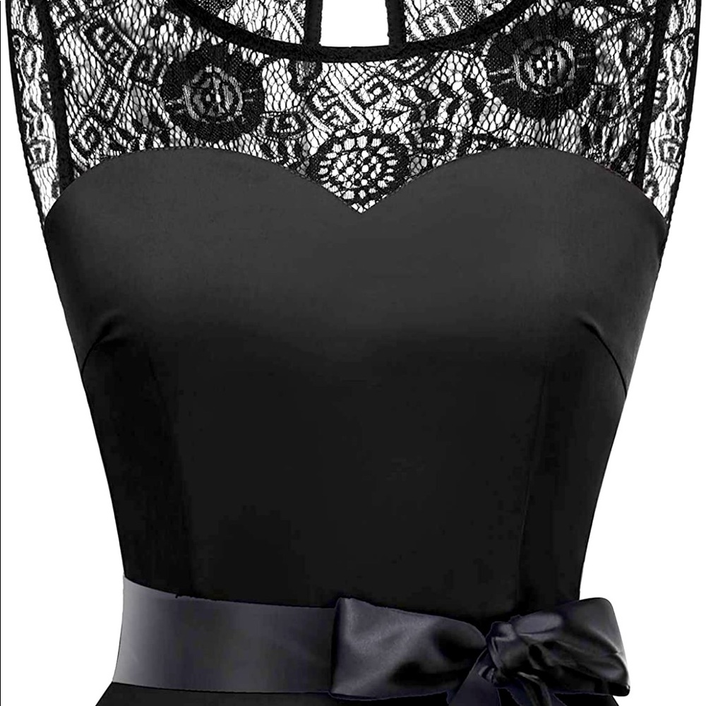 Black lace swing dress with satin belt